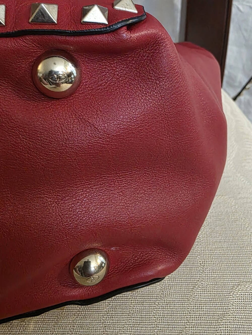 Valentino Garavani Rockstud Red Leather Bag Gold Stud Trim Handbag Tote - Picture 15 of 16
